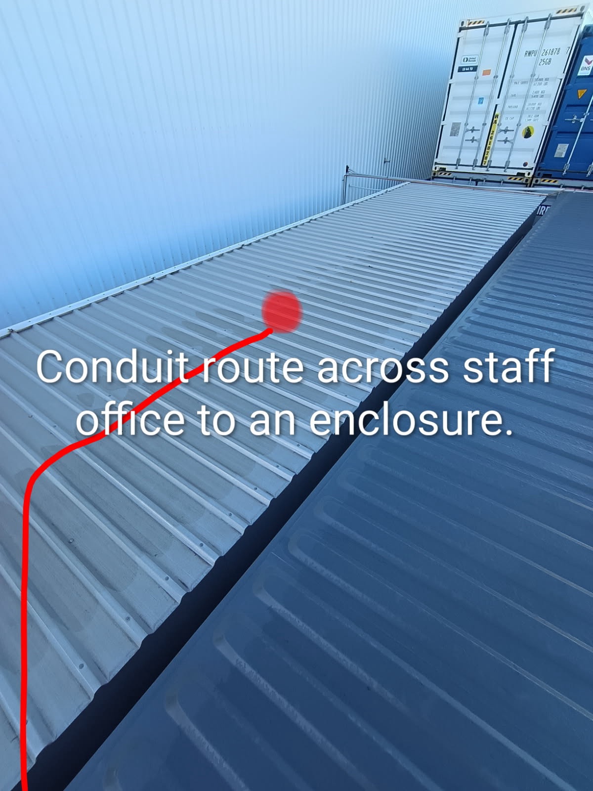 Proposed rooftop conduit route for Cel-Fi donor antenna cabling across the staff office roof at Hazelmere WA