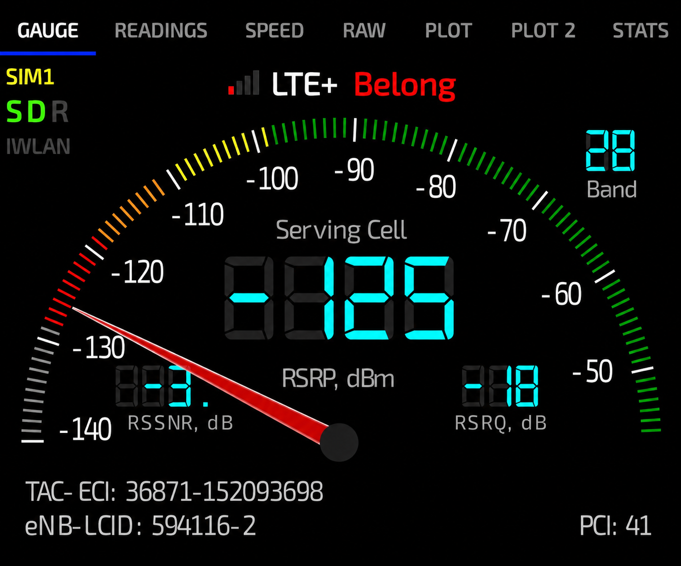 Live handset RSRP measurement of -126 dBm in the staff office during an in-building mobile coverage site survey at a Perth Airport industrial precinct