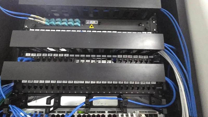 Labelled patch panels and fibre panel with dressed blue patch leads in a comms cabinet
