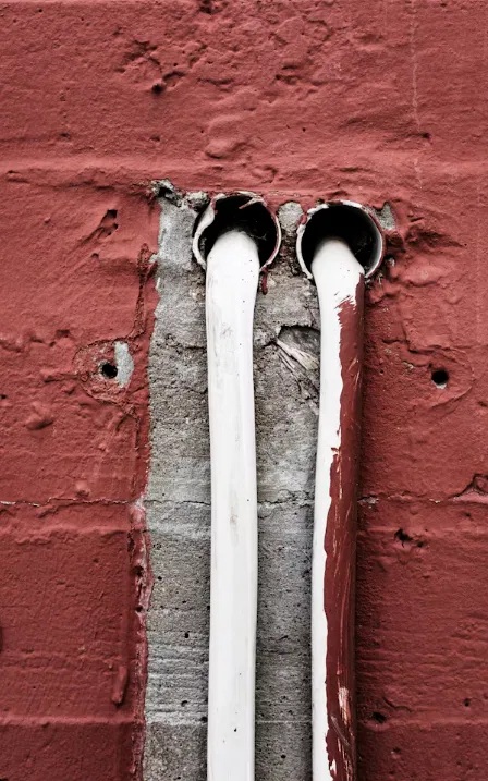 Two conduits entering a building side by side through the same wall chase, a shared entry point