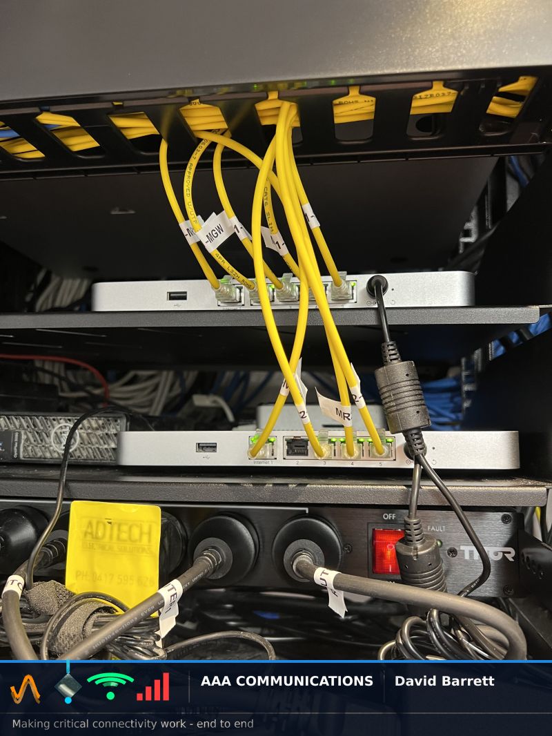 Dual-gateway Meraki SD-WAN rack with labelled yellow Cat6 patch cords feeding MGW and MR uplinks