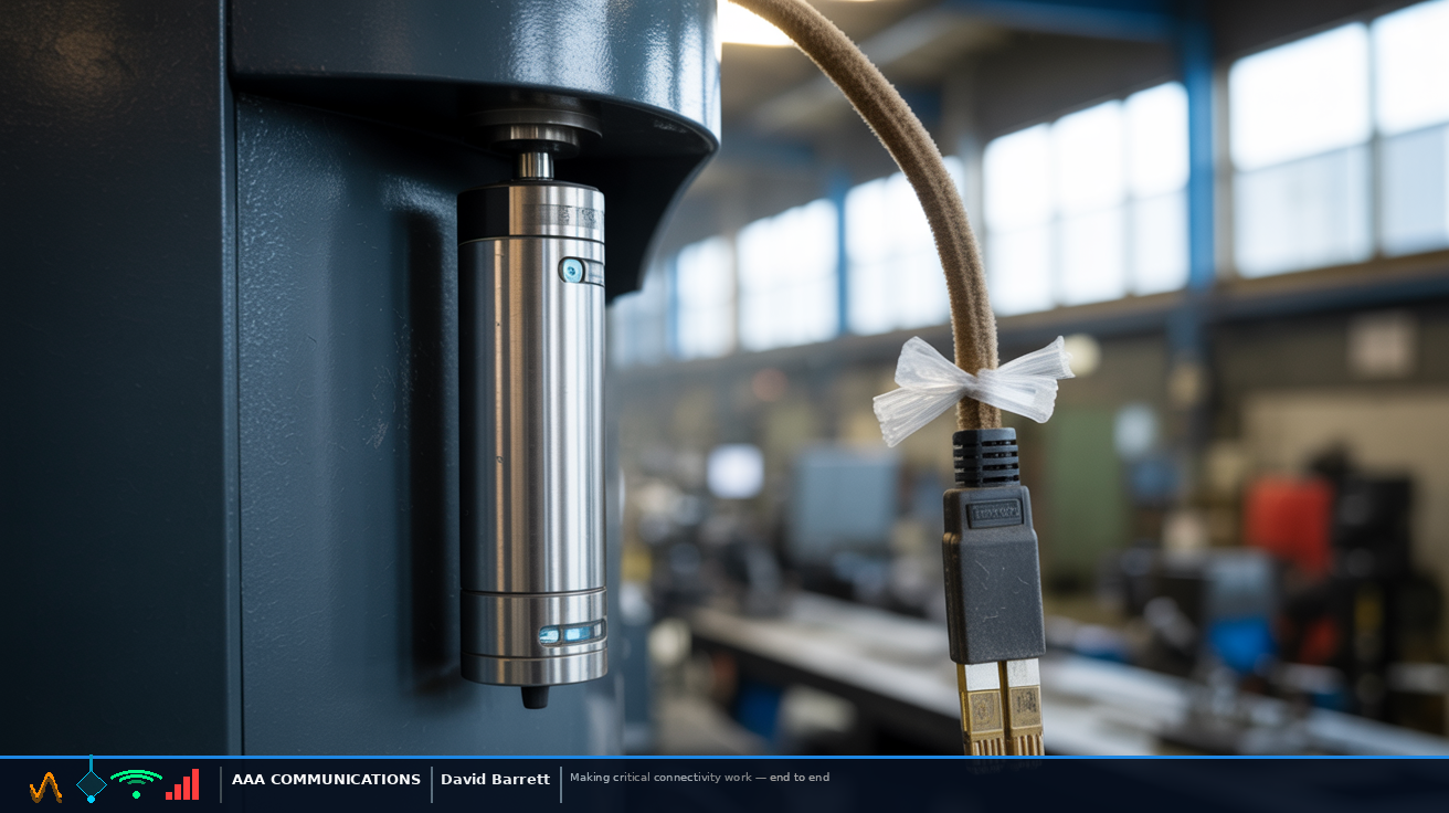 Modern IoT vibration sensor connected via aged legacy Cat5 cable on a manufacturing production line