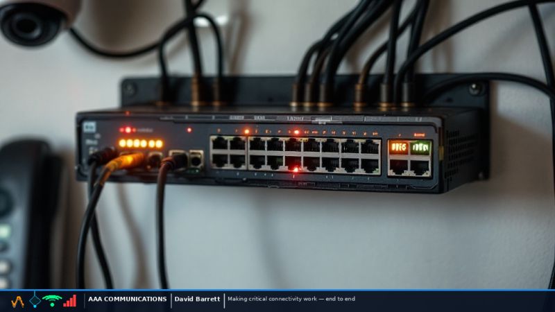 A wall-mounted PoE access switch with an IP phone and a ceiling camera in frame. The legacy phone it was sized for sits beside the high-draw camera now competing for the same power budget.