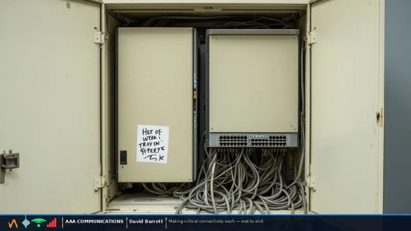 An open comms room cabinet with a switch, looping unlabelled patch cords, and a single handwritten note taped to the door as the only remaining record.