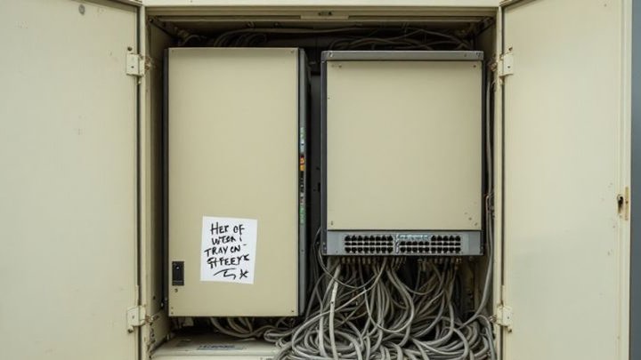 Open comms room cabinet with unlabelled patch cords and a single handwritten note.