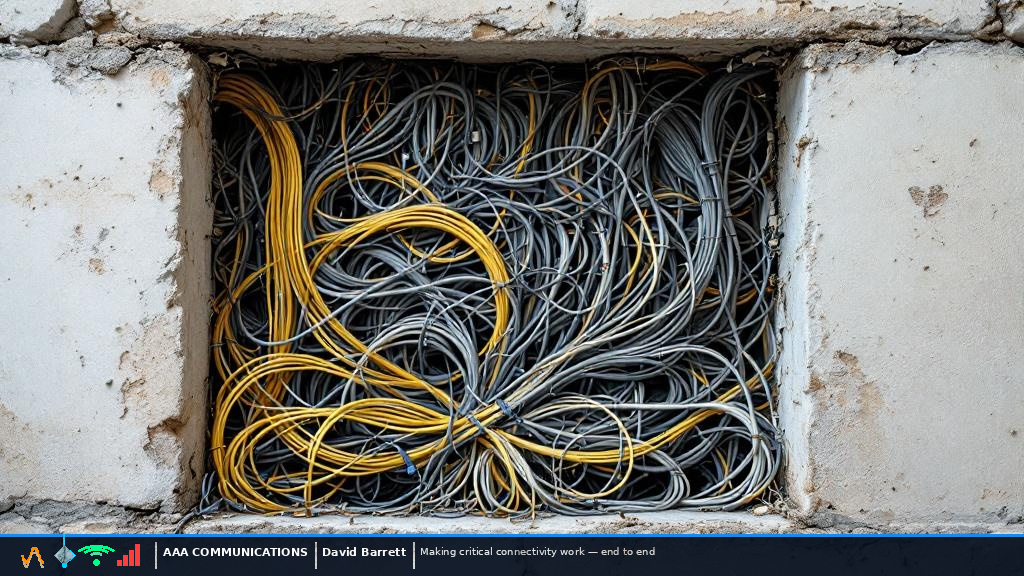 Wall cavity opened on a commercial site revealing fourteen different cable types from four decades of undocumented installations.