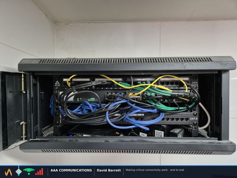 Undocumented patch cabinet with unlabelled Cat5e and Cat6 cabling showing years of unrecorded changes