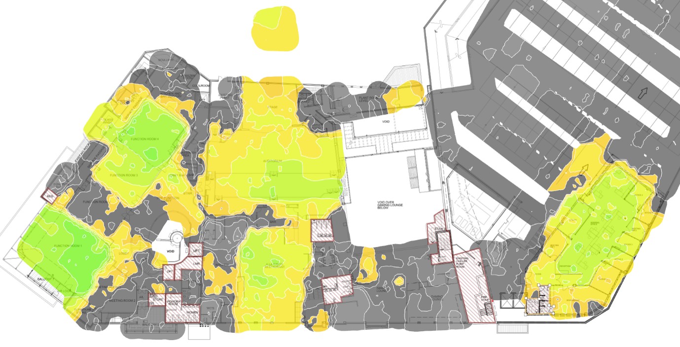 Wi-Fi RF survey heatmap showing signal strength across a Sydney leagues club — dead zones and offline access point identified
