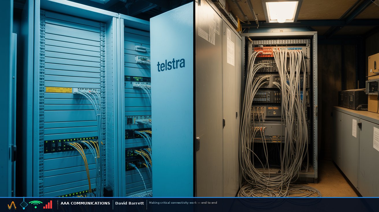 Left: a clean, organised Telstra rack. Right: a customer-side cabinet with cables spilling out, undocumented and unvalidated. The gap between them is where performance dies.